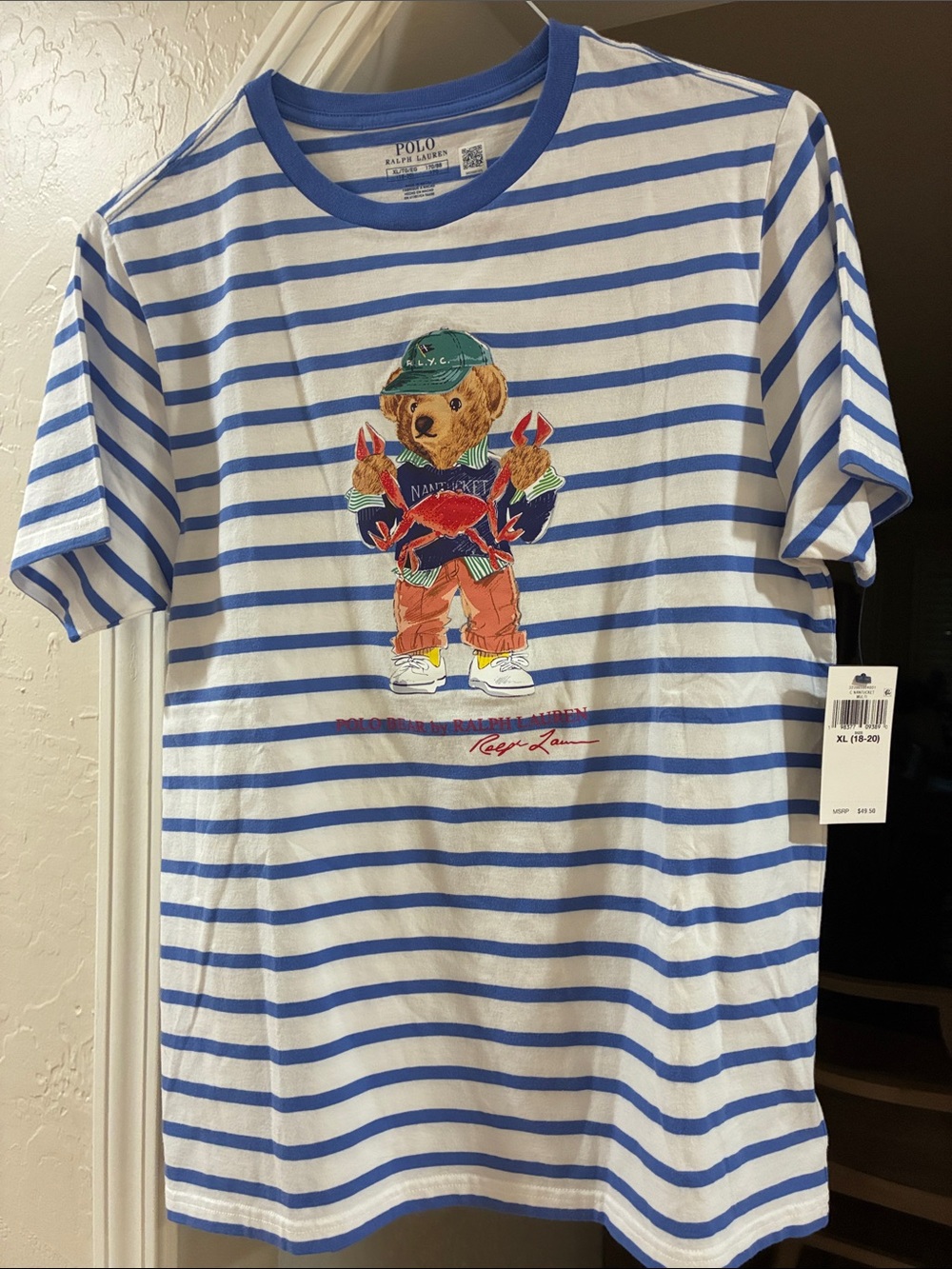 Polo by Ralph Lauren White & Blue Striped Bear Graphic Kids Tee